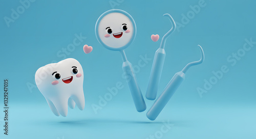 Cute Tooth with Dental Tools Illustration on Blue Background