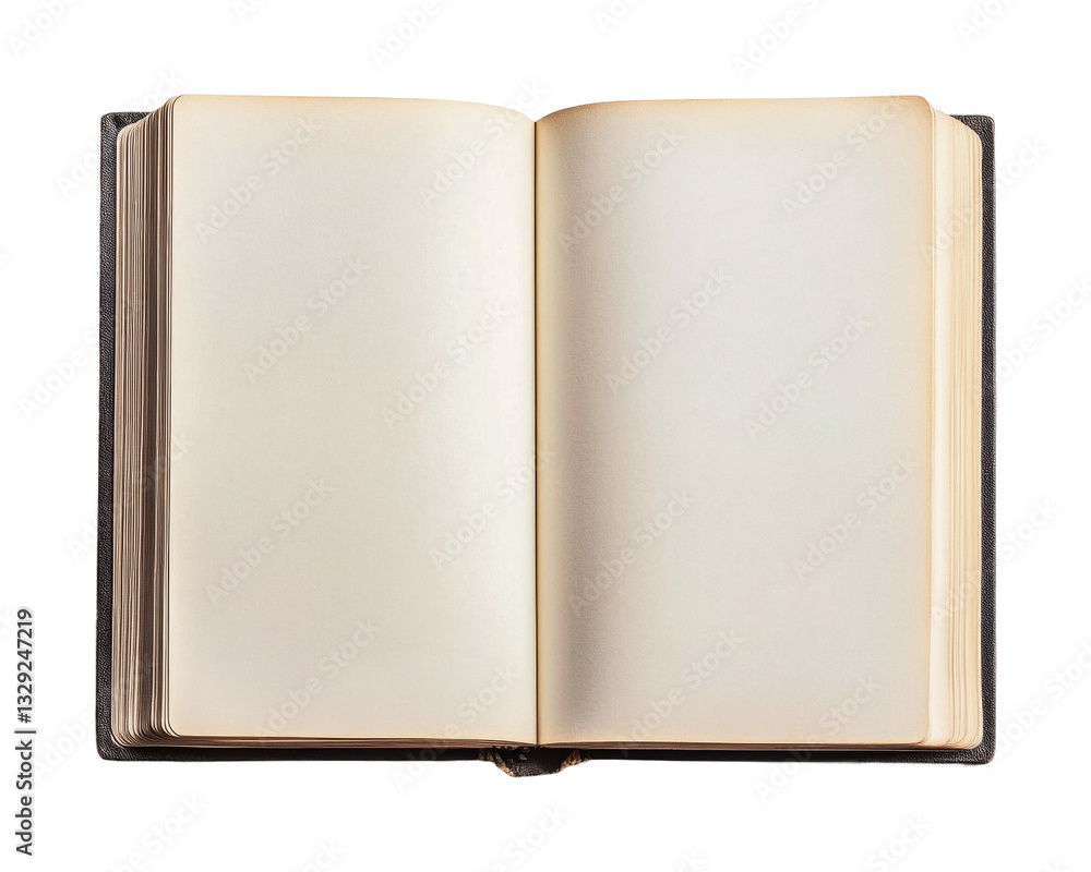 Open blank book with white pages on black background for writing or sketching, cut out Open blank book with white pages on black background for writing or sketching, cut out
