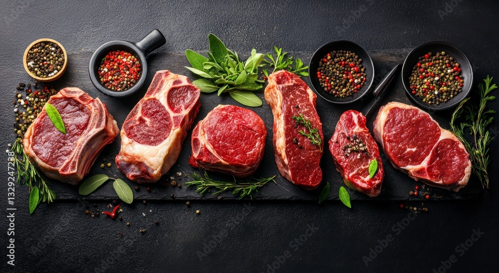 Assortment of Raw Beef Steaks on Slate with Herbs and Spices Assortment of Raw Beef Steaks on Slate with Herbs and Spices