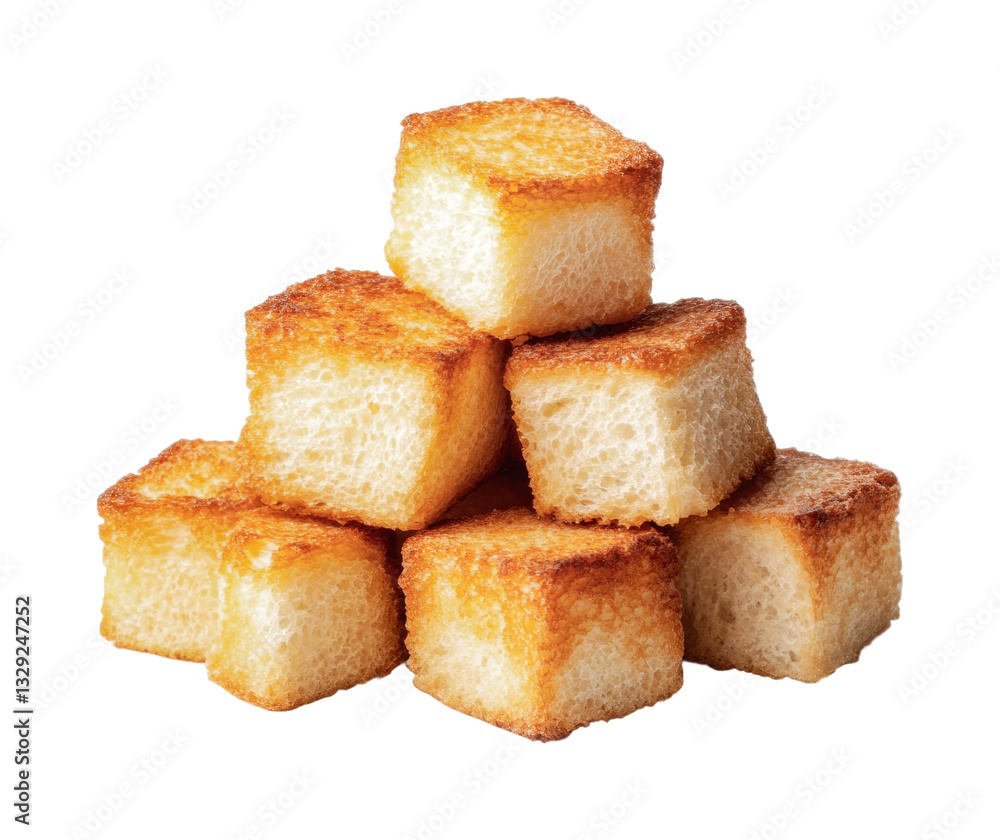 Golden toast pile of crunchy bread cubes isolated on black background, cut out Golden toast pile of crunchy bread cubes isolated on black background, cut out