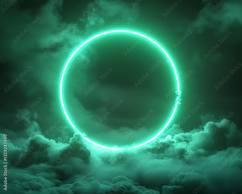 Green Neon Circle in Cloudy Background Green Neon Circle in Cloudy Background