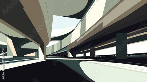 Digital illustration depicting an abstract architectural interior. The image features a stylized representation of a long corridor or passageway with curved walls and ceilings.  The color palette