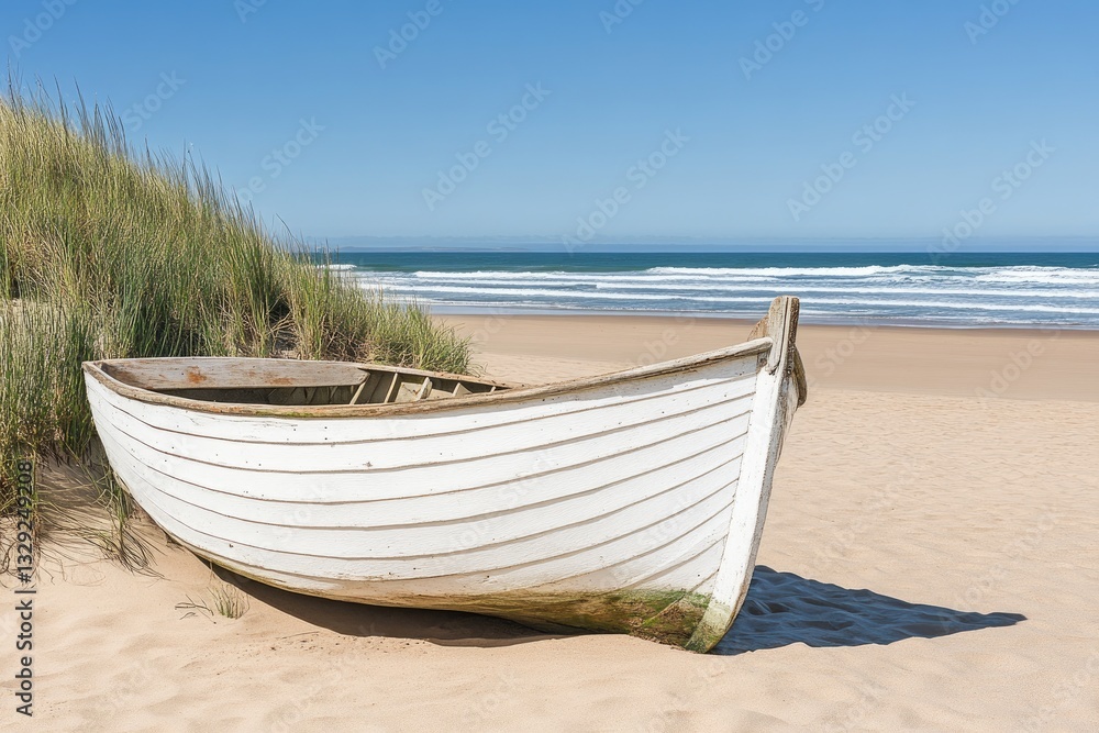 Old white wooden boat on a sandy beach, ocean waves Old white wooden boat on a sandy beach, ocean waves