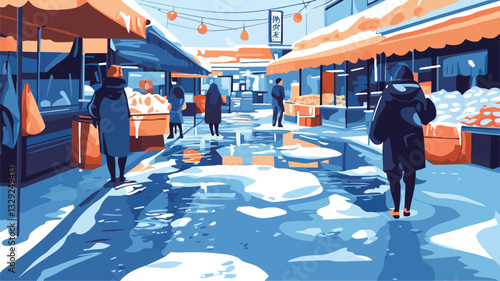 A stylized illustration depicting a street market scene in winter. The color palette is predominantly cool-toned blues and oranges. The street is partially covered in snow and ice, with puddles
