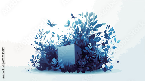 The image is a digital illustration featuring a light blue cube partially obscured by a profusion of stylized, blue-toned leaves and small, bird-like forms. The overall style is abstract and