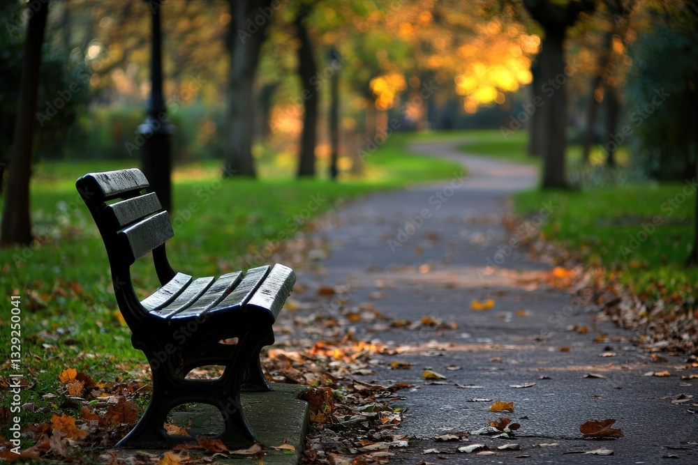 Autumn park bench, pathway, quiet, peaceful. Fallen leaves, golden light, tranquil scene Autumn park bench, pathway, quiet, peaceful. Fallen leaves, golden light, tranquil scene