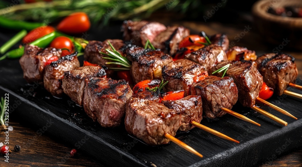 Grilled Beef Skewers with Tomatoes and Rosemary on Wooden Board Grilled Beef Skewers with Tomatoes and Rosemary on Wooden Board