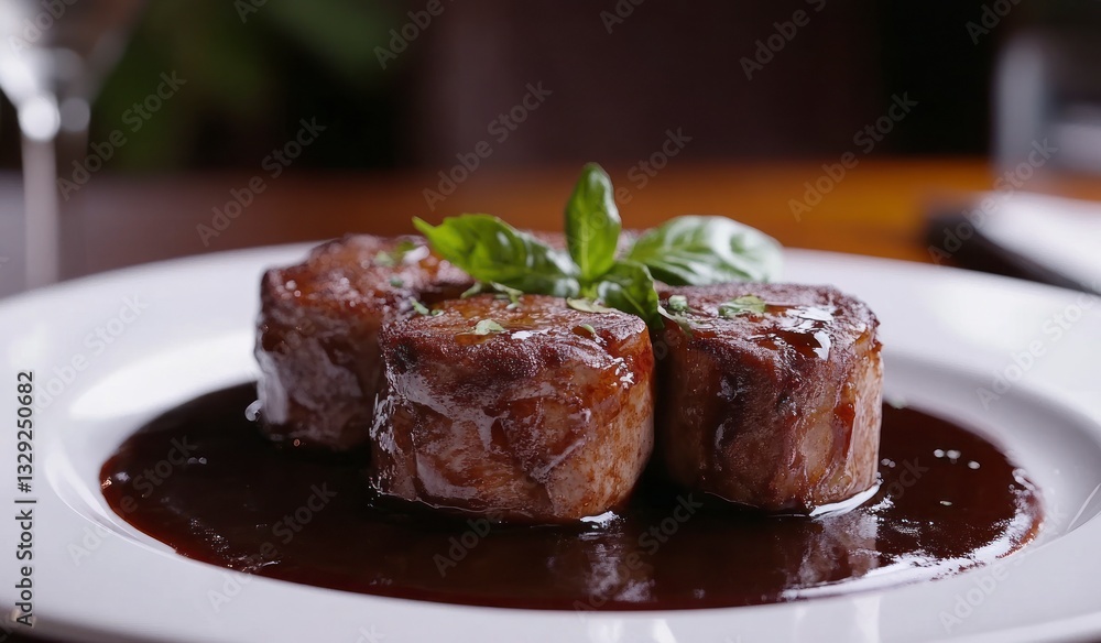 Serving Delicious Tenderloin Medallions with Rich Sauce and Fresh Basil Serving Delicious Tenderloin Medallions with Rich Sauce and Fresh Basil