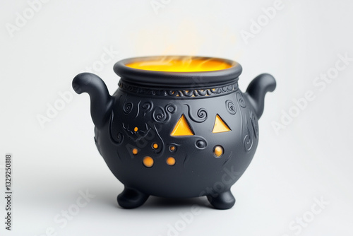 A realistic plastic figurine of a Halloween cauldron, isolated on white background