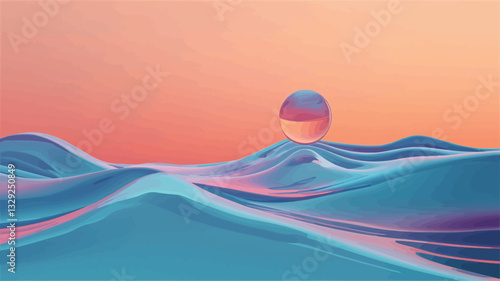 The image is a digital illustration depicting a stylized landscape. The landscape is composed of smooth, undulating hills or waves in shades of pastel blue, pink, and purple.  A translucent,