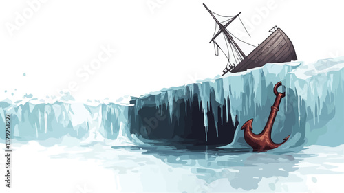 Digital illustration depicting a wooden sailing ship partially submerged in icy water.  A large, red anchor is visible beneath the surface, near the ship's hull. The waves are stylized, showing a