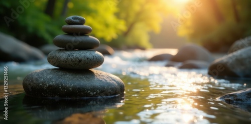Sunlit cairn of polished stones by clear, swift river , zen, water