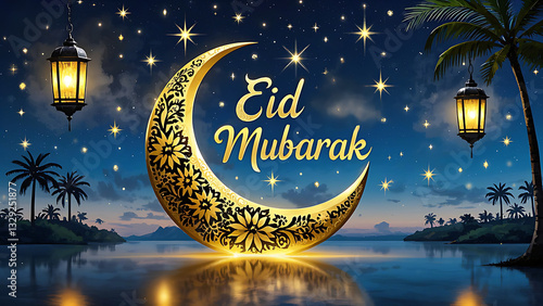 A Majestic Golden Crescent Moon Adorned With Intricate Floral Designs, Glowing Under A Starlit Sky, Serenely Celebrates Eid Mubarak Above A Tranquil Tropical Island Scene, Illuminated By Hanging Lante