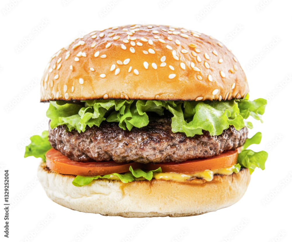 Juicy beef burger with lettuce, tomato, and sesame seed bun, cut out Juicy beef burger with lettuce, tomato, and sesame seed bun, cut out