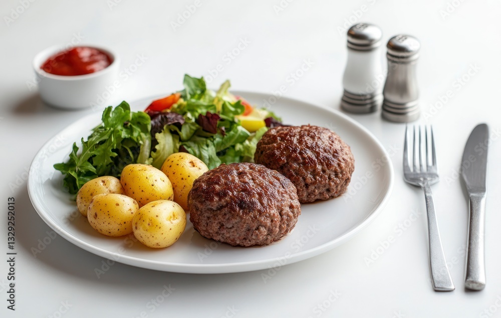 Serving Hamburger Patties with Potatoes and Salad for Healthy Eating Serving Hamburger Patties with Potatoes and Salad for Healthy Eating