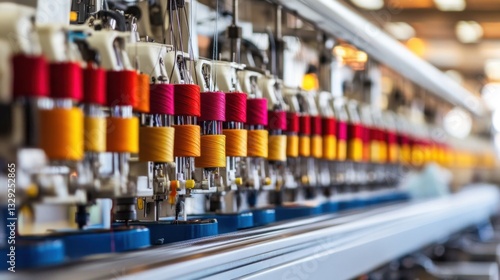 A garment production line with automated sewing machines stitching fabric patterns efficiently