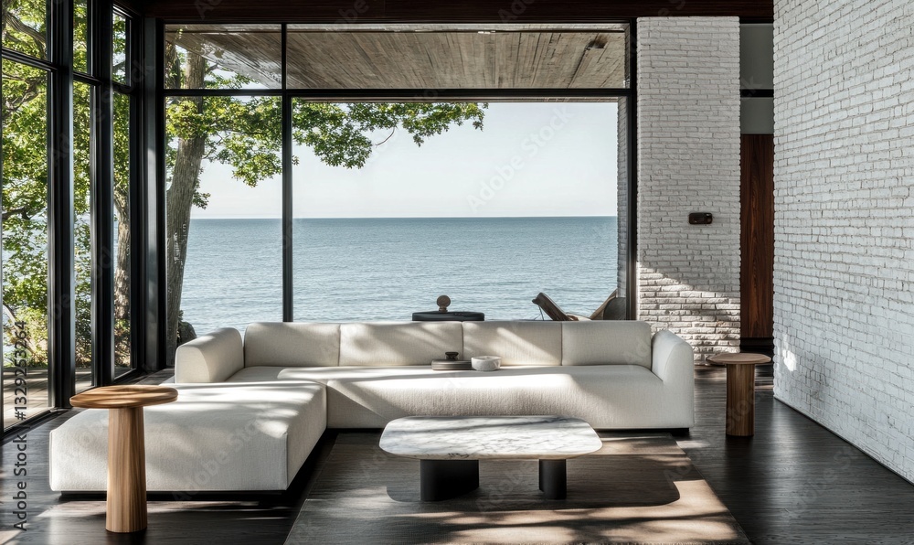 Fototapeta premium Modern lake house living room with sectional sofa, coffee table, and panoramic water view.