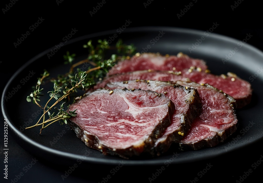 Sliced Roast Beef on Plate with Fresh Thyme Herb Garnish Sliced Roast Beef on Plate with Fresh Thyme Herb Garnish