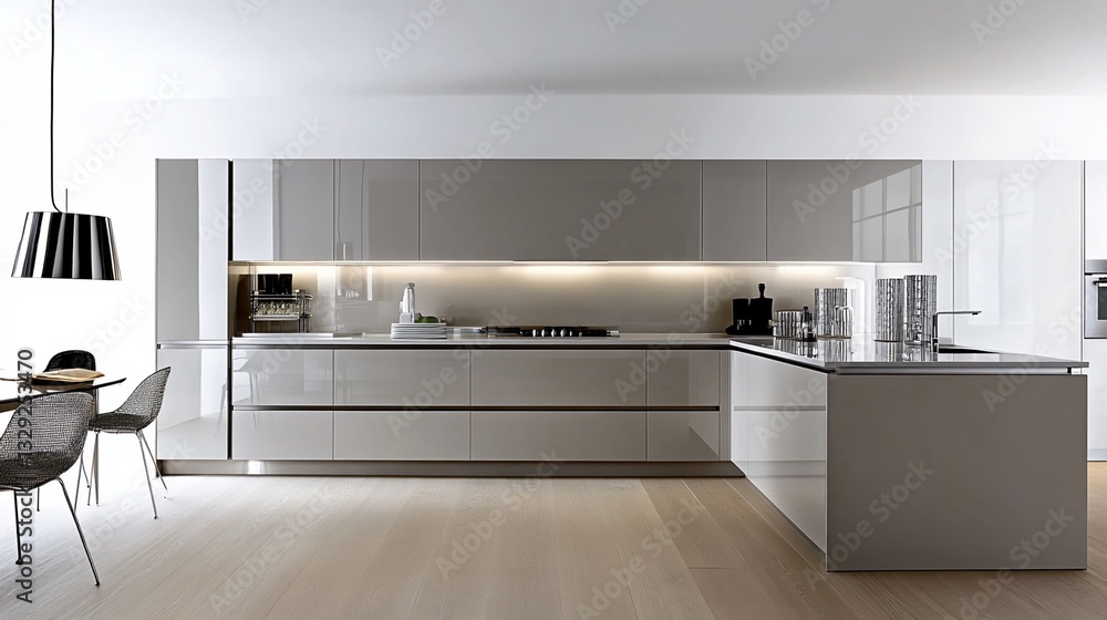 Modern Beige High-Gloss Kitchen with Island and Dining Area Modern Beige High-Gloss Kitchen with Island and Dining Area