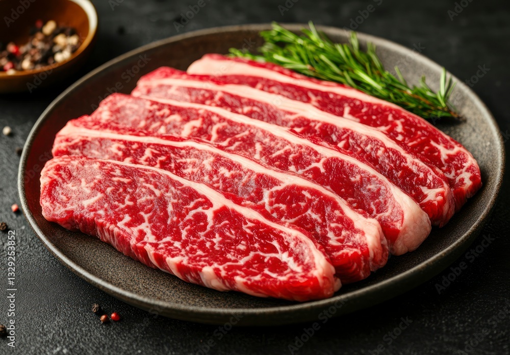 Fresh Raw Wagyu Flank Steak Slices on Plate with Rosemary Fresh Raw Wagyu Flank Steak Slices on Plate with Rosemary