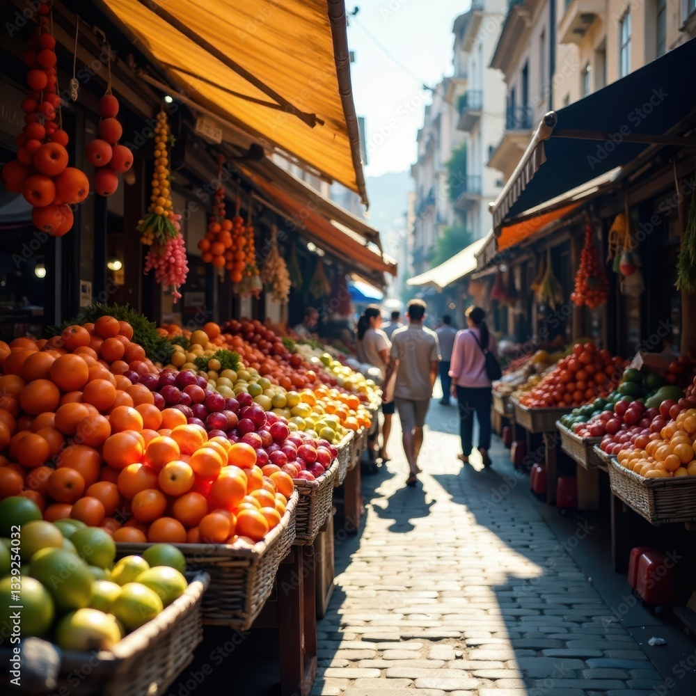 Obraz premium Sun-drenched market stalls piled high with ripe produce, ready for sale , abundance, agriculture