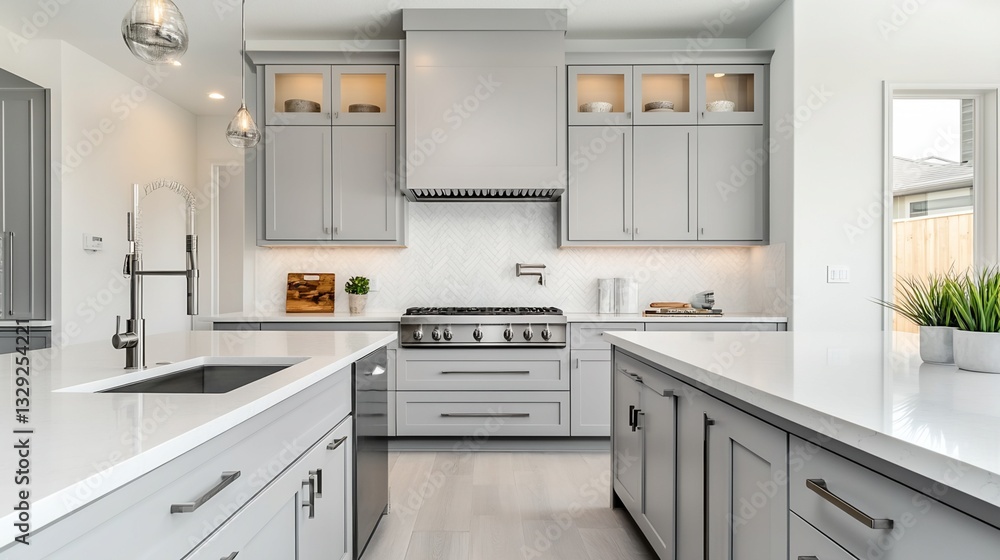 Fototapeta premium Modern Kitchen Interior with Gray Cabinets and Quartz Countertops