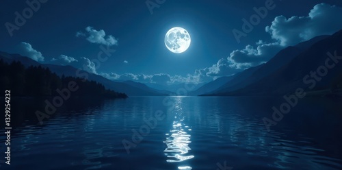 Brilliant moonlight creates a luminous trail on the inky black water , calm, bright moon