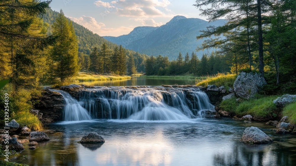 Fototapeta premium Serene waterfall cascading into a calm river, surrounded by lush greenery and majestic mountains under a tranquil sunset sky.