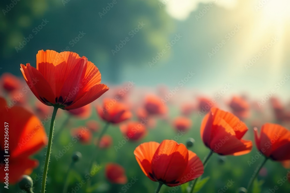 Sunlit poppies emerge from swirling morning mist , texture, outdoors Sunlit poppies emerge from swirling morning mist , texture, outdoors