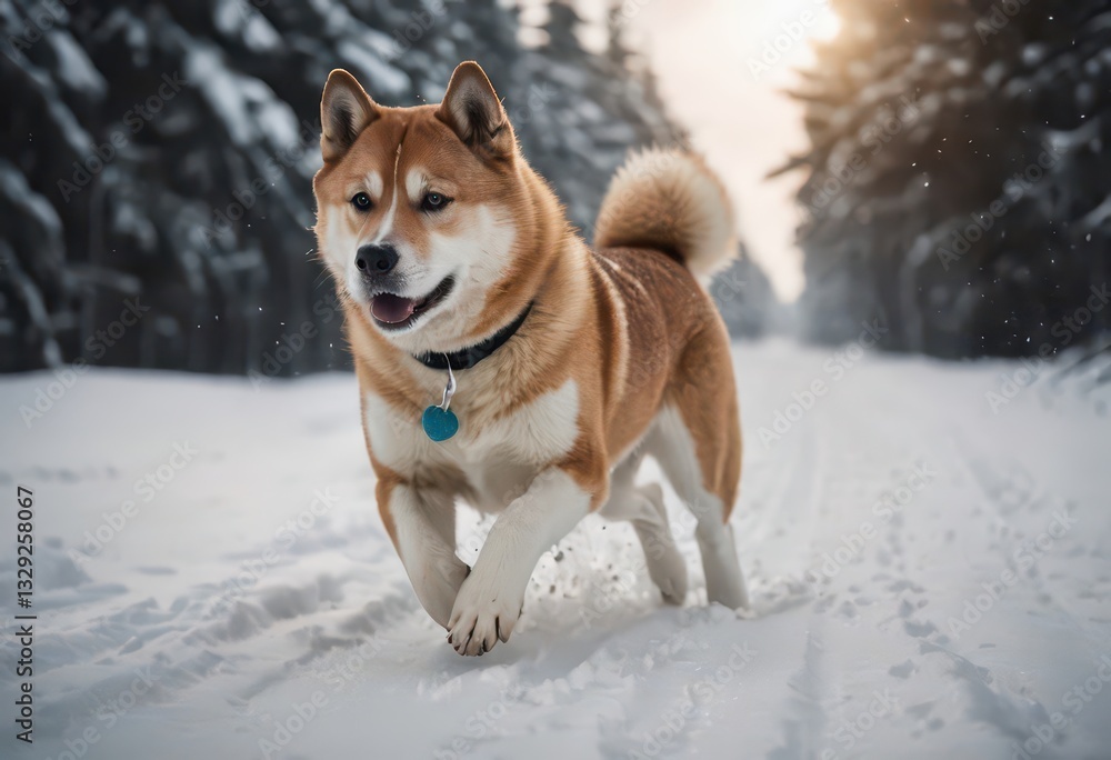 Akita Inu dog running on the snow Akita Inu dog running on the snow