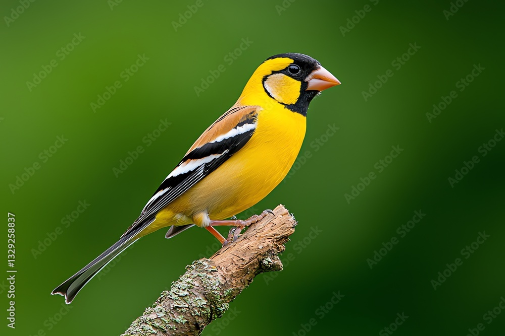 Naklejka premium Evening Grosbeak Bird Perched on Branch with Colorful Plumage