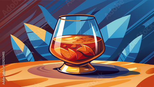 Elegant snifter glass filled with amber-colored whiskey and ice, placed on a wooden surface with a vibrant abstract background in blue and gold tones