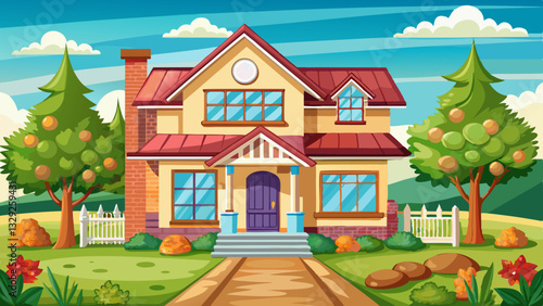 Charming countryside house with a red roof, large windows, a purple door, and a lush garden with trees, flowers, and a white picket fence under a bright blue sky