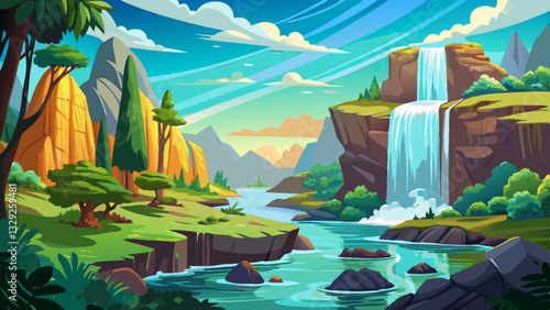 Breathtaking waterfall cascading into a serene river, surrounded by lush greenery, rocky cliffs, and a vibrant sky with rolling clouds