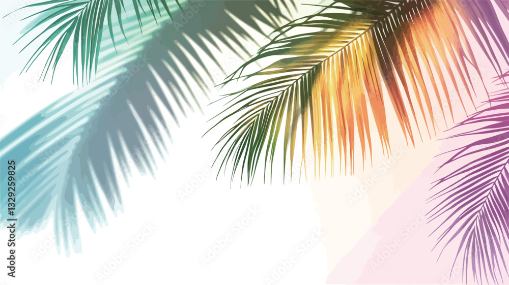 Fototapeta premium Close-up image of several palm fronds arranged against a bright white background. The fronds are depicted in a variety of pastel and bright colors, including teal, green, yellow, and purple hues.
