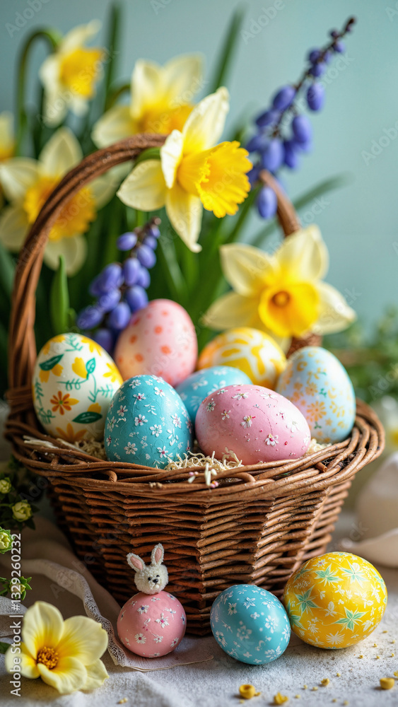 Vibrant Easter Arrangement with Colorful Eggs and Spring Flowers for Marketing, Greeting Cards, and Social Media Promotions Vibrant Easter Arrangement with Colorful Eggs and Spring Flowers for Marketing, Greeting Cards, and Social Media Promotions