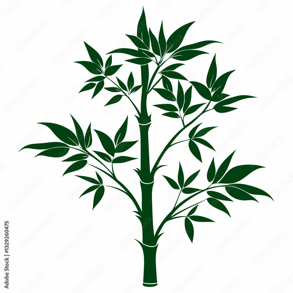 Fototapeta premium A silhouette of a single bamboo stalk with sparse leaves on white background
