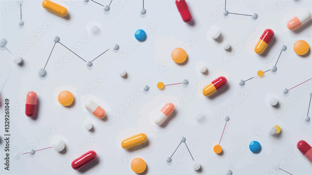 The image shows a flat lay, top-down view of various colored pills and capsules scattered on a white background. Small, metallic pins are also interspersed amongst the pills, forming simple The image shows a flat lay, top-down view of various colored pills and capsules scattered on a white background. Small, metallic pins are also interspersed amongst the pills, forming simple