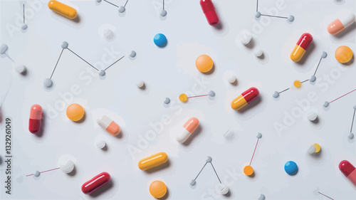 The image shows a flat lay, top-down view of various colored pills and capsules scattered on a white background.  Small, metallic pins are also interspersed amongst the pills, forming simple