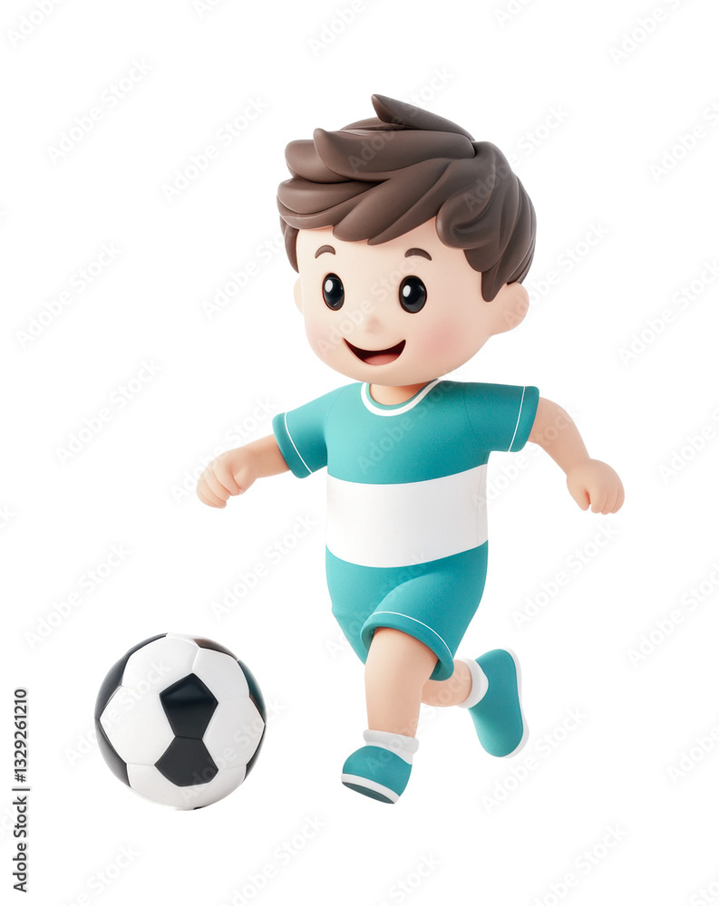 Cartoon boy playing soccer with a ball in blue uniform, cut out Cartoon boy playing soccer with a ball in blue uniform, cut out