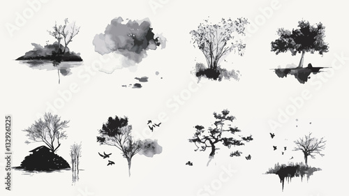The image contains a collection of eight separate illustrations. Each depicts a stylized tree or small landscape rendered in a black ink wash painting style. The style is minimalist, using