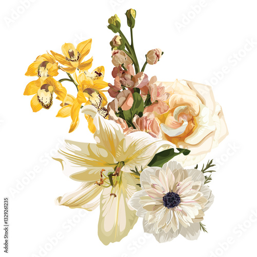 Yellow, orange rose, lily, orchids, fall garden flowers, eucalyptus, greenery vector design. Wedding spring summer floral bouquet.