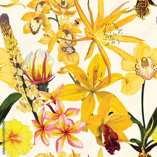 Seamless pattern with orange and yellow exotic tropical flowers. White background design. Best for print, textile, wrapping paper.