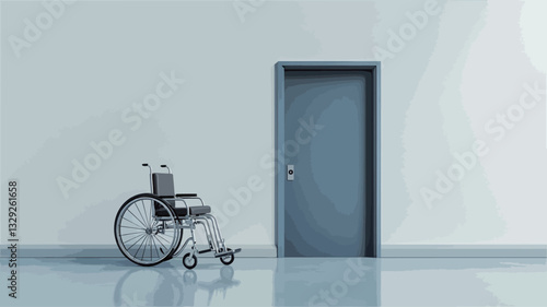 The image shows a silver wheelchair positioned in front of a closed grey door in a minimalist, brightly lit interior space. The floor is reflective, showing a slight reflection of the wheelchair