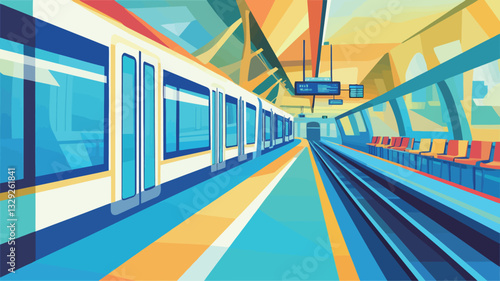 A stylized vector illustration depicting a subway station platform with a train. The image uses bold, vibrant colors and clean lines, creating a graphic and modern aesthetic. The perspective is