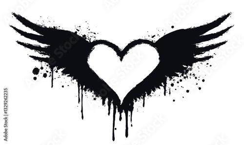 Graffiti Heart with Wings Icon - Minimalist Black Spray Paint Design on White Background