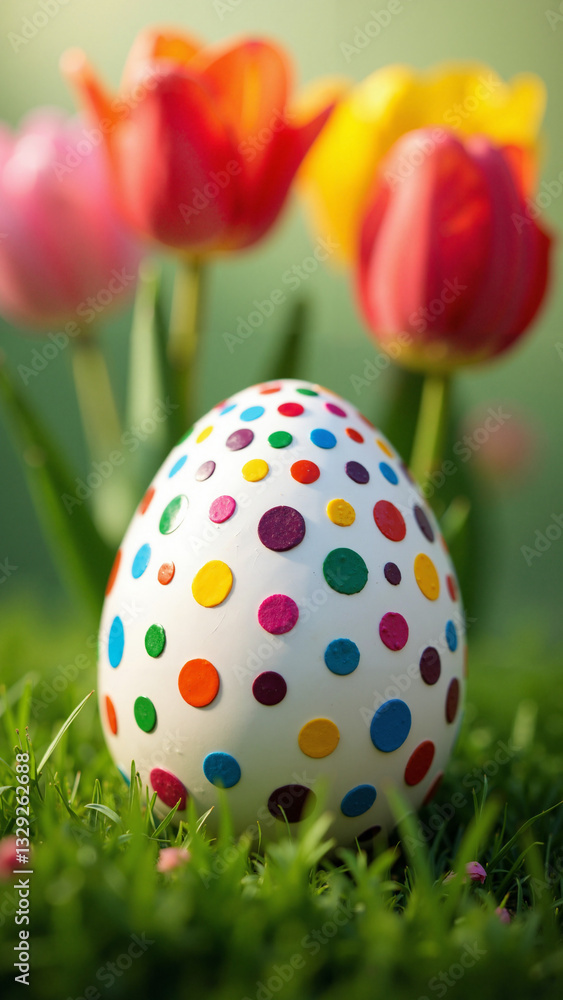 Vibrant Easter Egg Surrounded by Colorful Tulips in a Lush Green Setting - Perfect for Greeting Cards and Spring Promotions Vibrant Easter Egg Surrounded by Colorful Tulips in a Lush Green Setting - Perfect for Greeting Cards and Spring Promotions