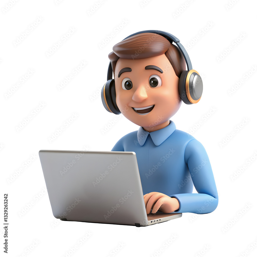3D render of a cartoon person wearing headphones using a laptop on a transparent background 3D render of a cartoon person wearing headphones using a laptop on a transparent background