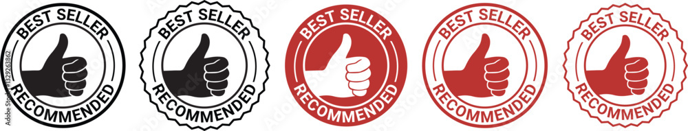 Best seller recommnaded round emblem with ribbon below, Best Seller emblem, label, stamp, sticker, badge with stars, thumbs up hand and best seller recommnaded lettering Best seller recommnaded round emblem with ribbon below, Best Seller emblem, label, stamp, sticker, badge with stars, thumbs up hand and best seller recommnaded lettering