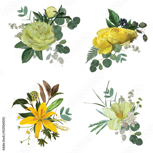 Yellow, orange rose, lily, tulip, peony fall garden flowers, eucalyptus, greenery vector design. Wedding spring summer floral bouquet.